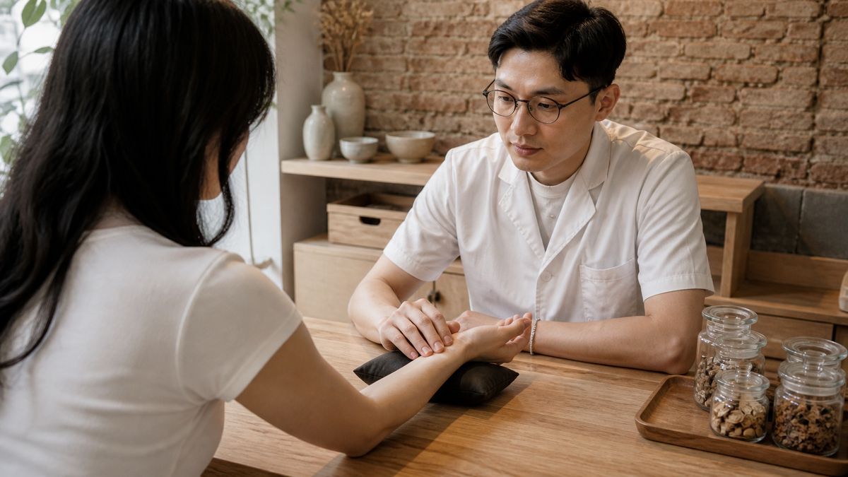 Physician taking a pulse reading during a TCM consultation